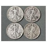 4 Walking Liberty Silver Half Dollars 1937 - 1945