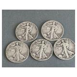 5 Walking Liberty Silver Half Dollars