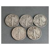 5 Walking Liberty Silver Half Dollars