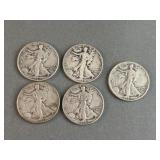 5 Walking Liberty Silver Half Dollars