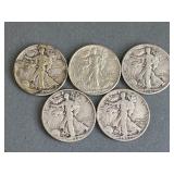 5 Walking Liberty Half Dollars