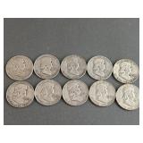 10 Ben Franklin Silver Half Dollars