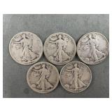 5 Walking Liberty Silver Half Dollars