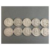 10 Ben Franklin Silver Half Dollars