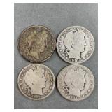 4 Barber Half Dollars 1902, 07, 08, 10