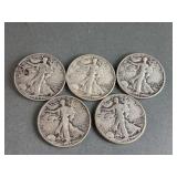 5 Walking Liberty Silver Half Dollars