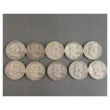 10 Ben Franklin Silver Half Dollars