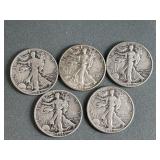 5 Walking Liberty Silver Half Dollars
