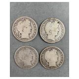 4 Silver Barber Half Dollars 1902, 06, 07 & 08