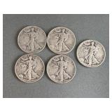 5 Walking Liberty Silver Half Dollars