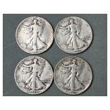 4 Walking Liberty Silver Half Dollars 1937 - 1945