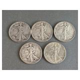 5 Walking Liberty Silver Half Dollars