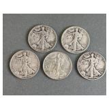 5 Walking Liberty Silver Half Dollars
