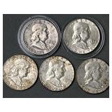 5 Silver Franklin Half Dollars 1950, 1962 & 1963