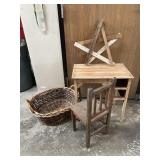 Antique Desk, Wicker Basket & More
