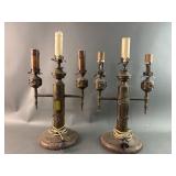 Vintage Brass & Wood Gothic Candleabras