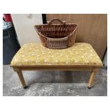 Upholstered Wooden Bench & Wicker Basket