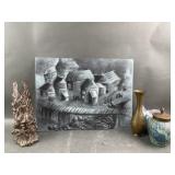 Signed Pastel Gothic Art, Brass Vase & Decor