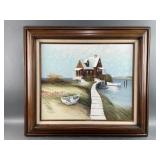 Framed/Signed Oil Painting Lake House on the Water