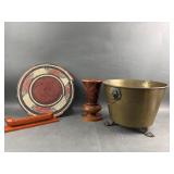 Haitian Wood Vase, Brass Planter & Decor