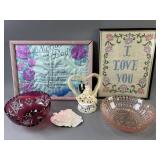 Antique Cross Stitch, Depression Glass & More