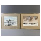 Signed Watercolor Paintings Of Winter Fields