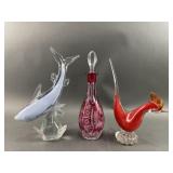 Cranberry Decanter & Murano Glass Animals Cranberry Decanter & Murano Glass Animals