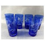 6 Vtg Czech Cobalt Blue Etched Glasses 6 Vtg Czech Cobalt Blue Etched Glasses