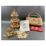 Vtg Leather Bag & Wooden Carousel Candle Holder Vtg Leather Bag & Wooden Carousel Candle Holder