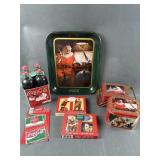 Coca Cola Santa Tray, Tins, Vtg Bottles & More Coca Cola Santa Tray, Tins, Vtg Bottles & More