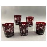5 Vintage Czech Ruby Red Etched Glass 5 Vintage Czech Ruby Red Etched Glass