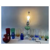 Depression Glass Lamp & Colorful Glass Pieces