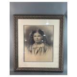 Vintage Framed Charcoal Drawing of Young Girl