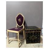 Carved Wood & Needlepoint Chair & Painted Box