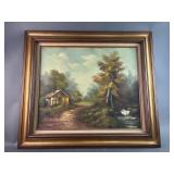 Signed & Framed Oil Painting of Cabin in Woods