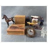Vtg Cast Iron Amish Figurines, Leather Box & More