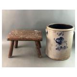 Antique Farmhouse Wood Step Stool & Crock