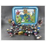 Vtg Peyo Smurfs Tray, Glasses & Toys