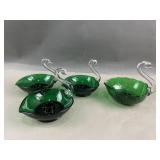 Emerald Glass Swan Candlestick Holders & Bowl