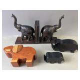 Vntg. Carved Wooden Elephant Bookends & More