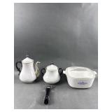 Vtg Ceramide Teapot, Sugar Bowl & Corning Ware