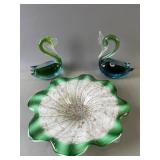 Vintage Art Glass Swans Shimmer Candy Dish