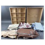 Wooden Grid Storage Boxes, Vtg Linens & More