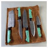 Green Handled Damascus Steel Chef Knifw Set Lot GG