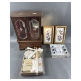 Vtg Wooden Jewelry Cabinet, Bird Prints & More