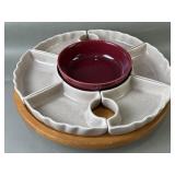 MCM Stoneware & Wood Lazy Susan Server