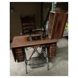 Antique White Treadle Sewing Machine In Cabinet