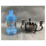 Atq French Glass Vase &Silver Plated Candle Holder