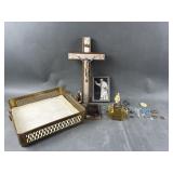 Vtg Brass Tray, Crucifix & Religious Items
