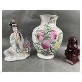 Chinese Porcelain Vase, Geisha & Resin Foo Dog